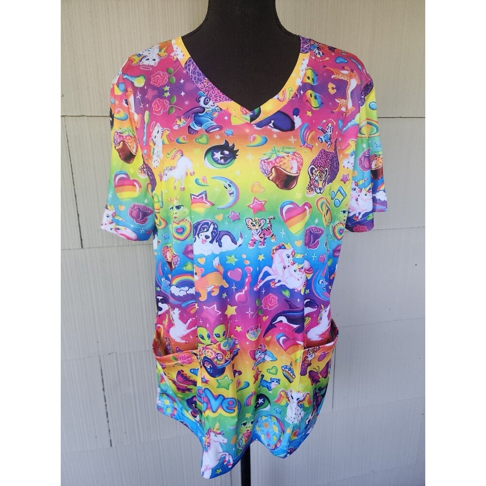 Lisa Frank Style Rainbow Scrubs Shirt w/ Colorful Unicorns Animals Size Large  L